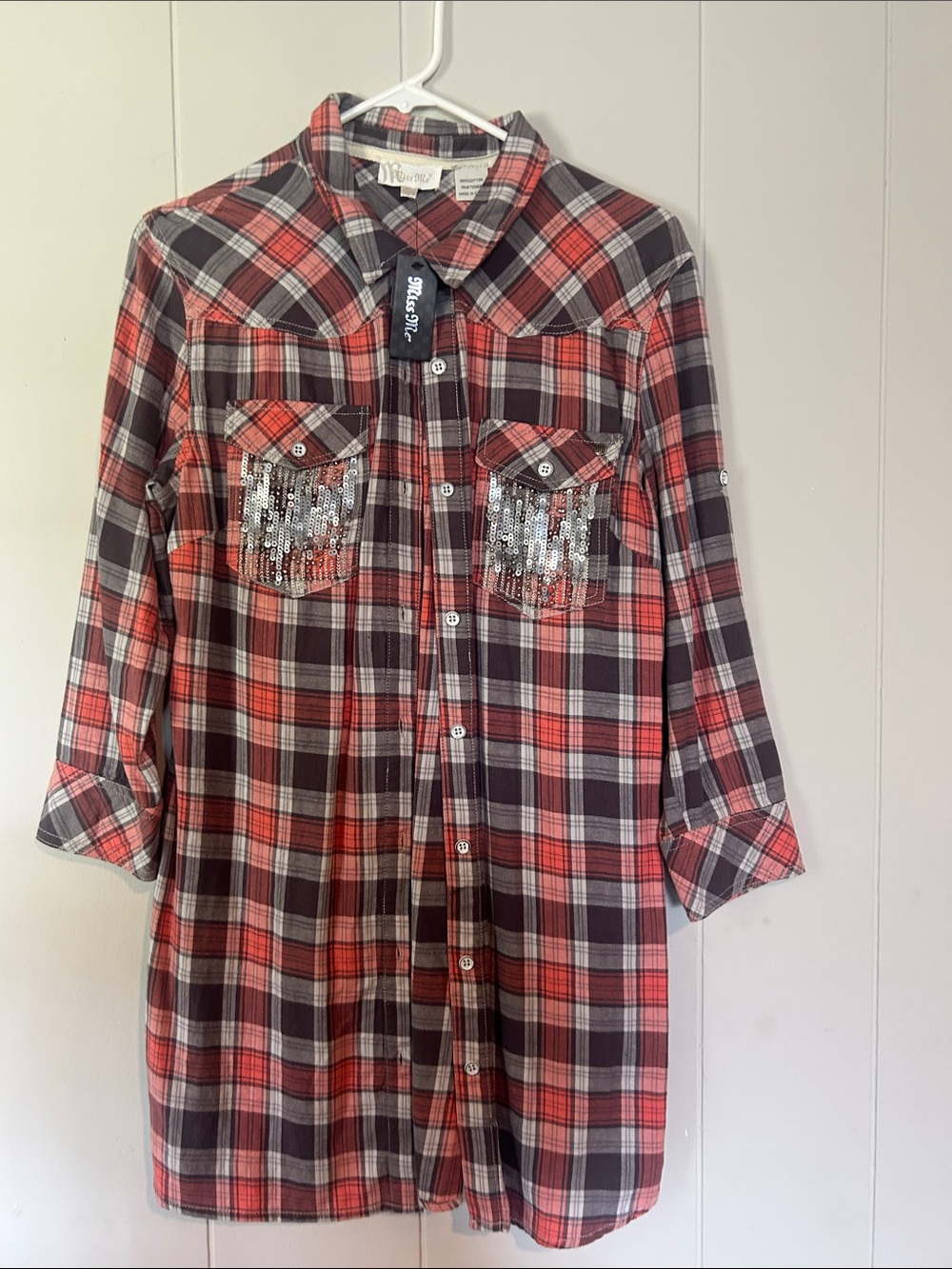 Miss Me Red, Black and White Plaid Sequin Pocket Tunic Shirt
